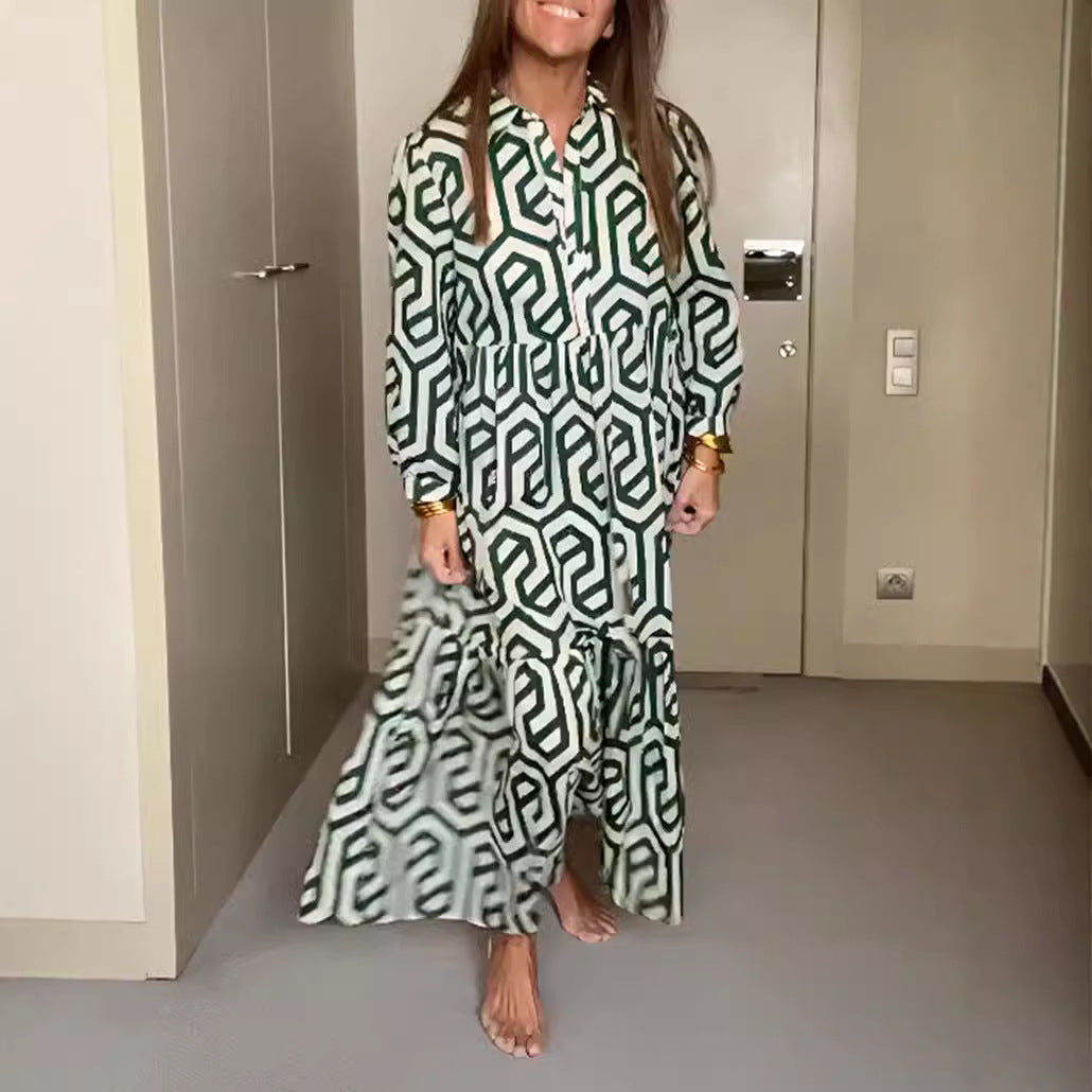 Women's long shirt collar tiered dress with geometric allover print and gathered waist yoke StylebySassy