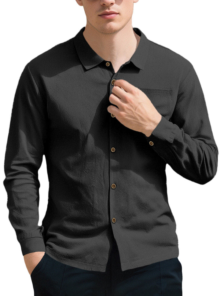 Men's breathable structured business shirt with breast pocket wooden button placket and ergonomic shoulder fit StylebySassy