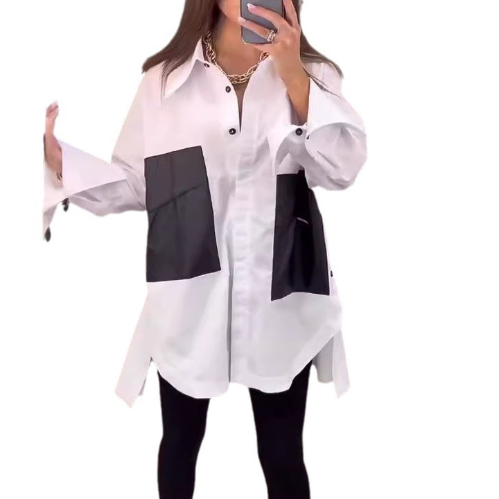 Women nan oversized shirt with contrast pockets, extra wide cuffs and side slits StylebySassy