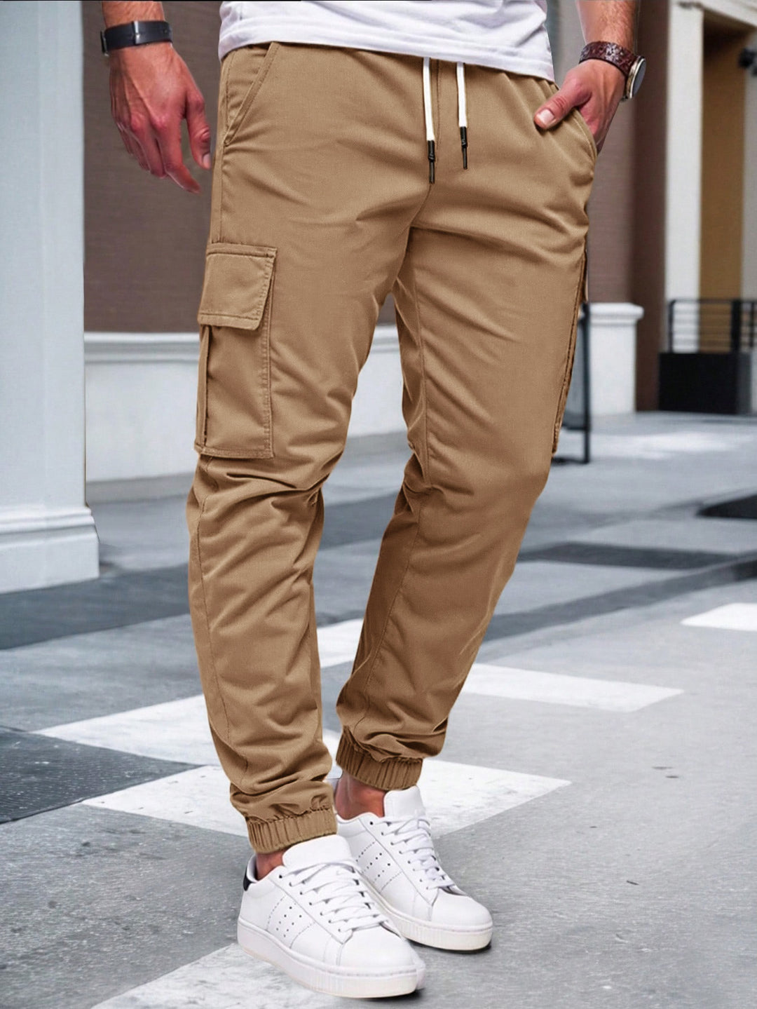 Men's Nan Tapered Leisure Cargo Pants with Flap Pockets, Drawstring Waist and Elastic Leg Openings StylebySassy