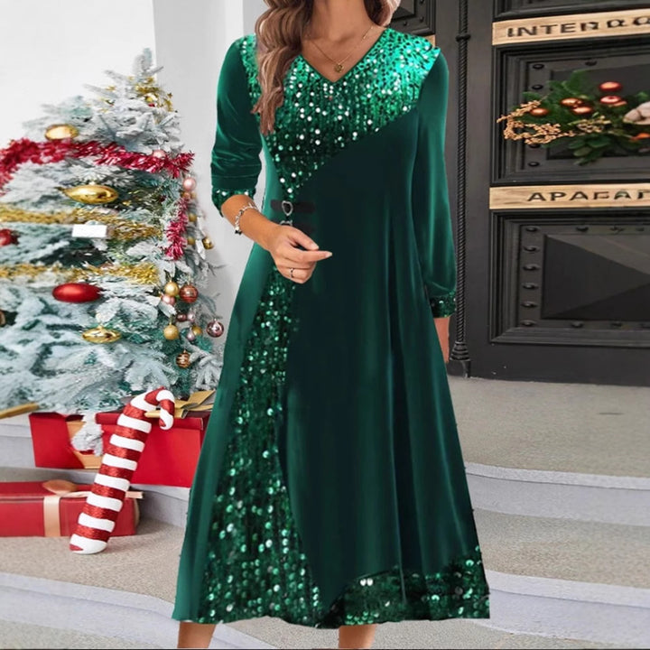 Women's festive sequin panel maxi dress with V-neck long sleeves and decorative waist belts StylebySassy