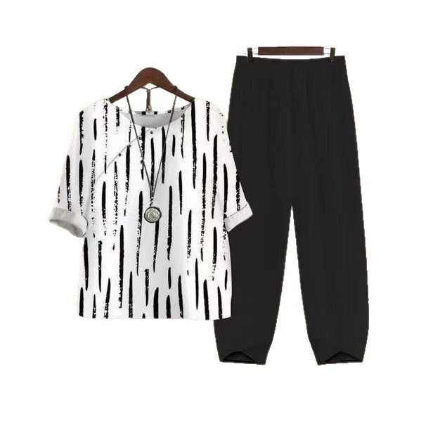 Women's oversized shirt with brushstroke pattern, dropped shoulder and elastic comfort pants with drawstring StylebySassy