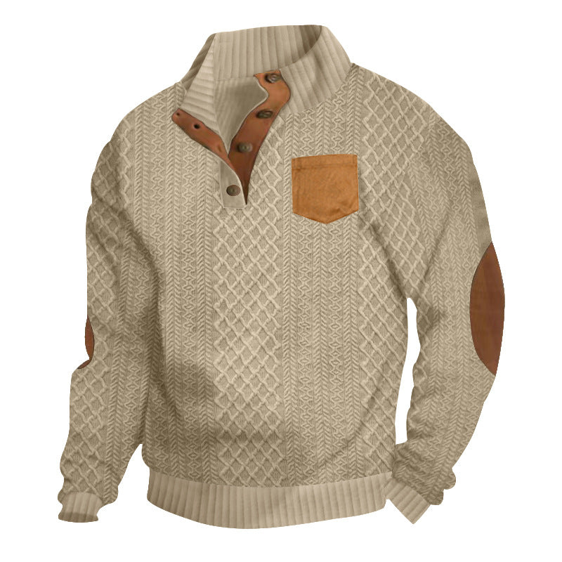Men's cable-knit sweater with stand collar, button placket, patch breast pocket, and leather-look elbow patches StylebySassy
