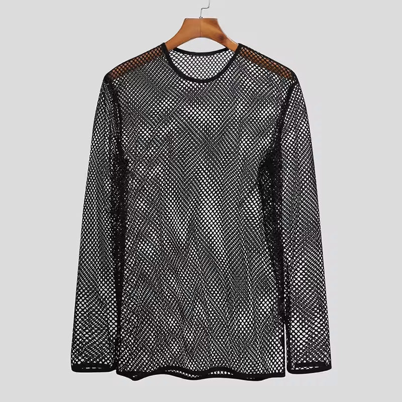 Unisex transparent diamond net long sleeve shirt with round neck StylebySassy