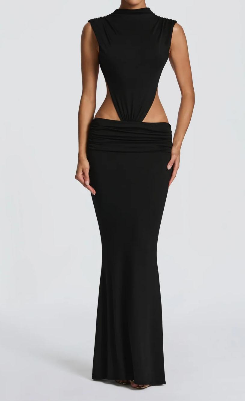 Women's Long Maxi Dress with Stylish Cut-Outs and Ruching