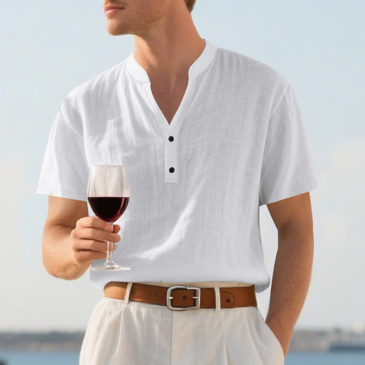 Men's summer Nehru shirt made of linen blend with short button placket StylebySassy