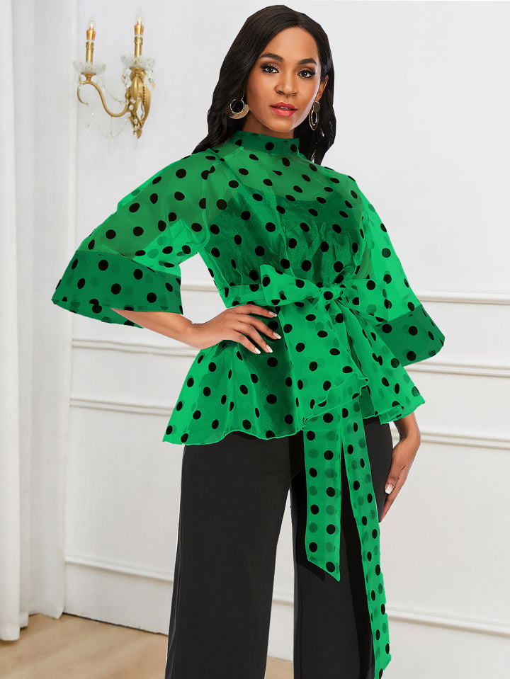 Women's chiffon blouse with transparent polka dots design and fitted tie belt StylebySassy