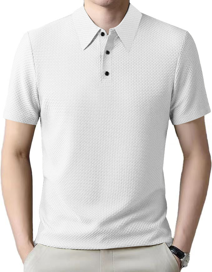 Men's nano microstructure polo shirt with shirt collar, subtle button placket, and breathable jersey StylebySassy