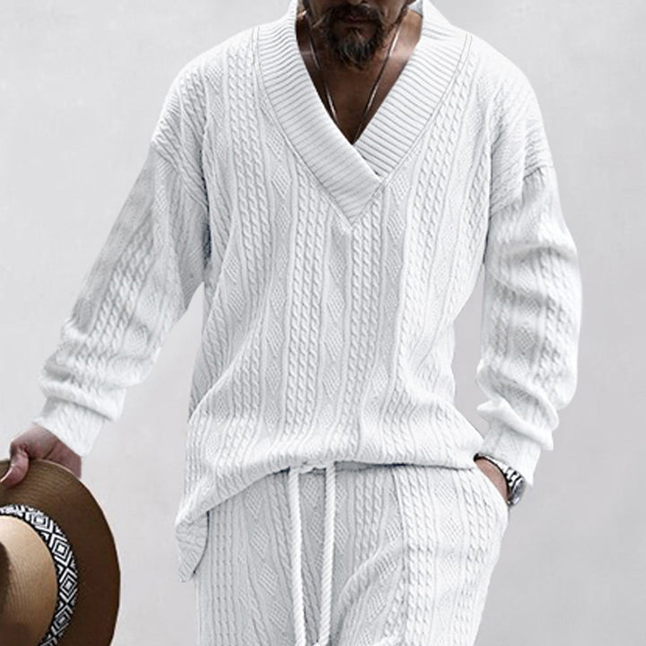 Men's cable knit set with deep V-neck and drawstring joggers StylebySassy
