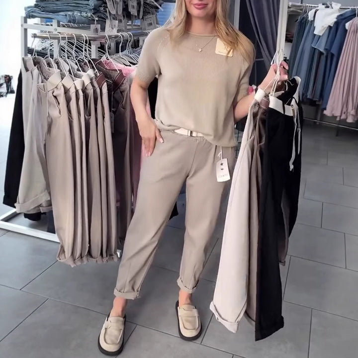 Women's casual cotton chinos with elastic comfort waistband, cuffs, and decorative belt StylebySassy