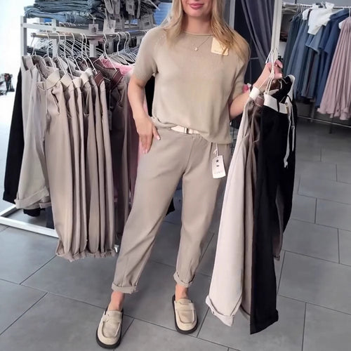 Women's casual cotton chinos with elastic comfort waistband, cuffs, and decorative belt StylebySassy