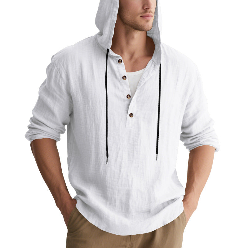 Men's casual linen henley with hood, drawstring and three-button placket StylebySassy