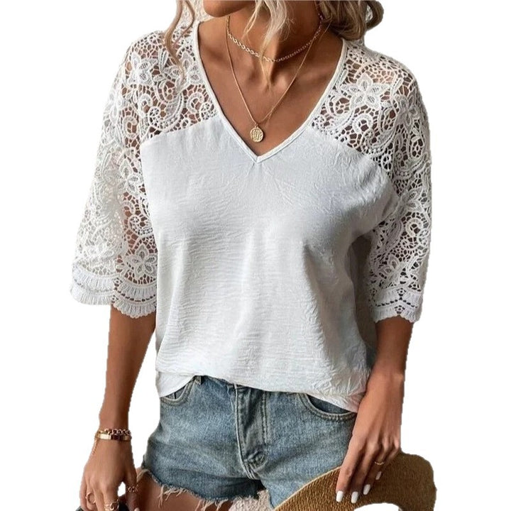 Women's V-neck lace blouse with elbow-length crochet sleeves and lightweight crepe fabric StylebySassy