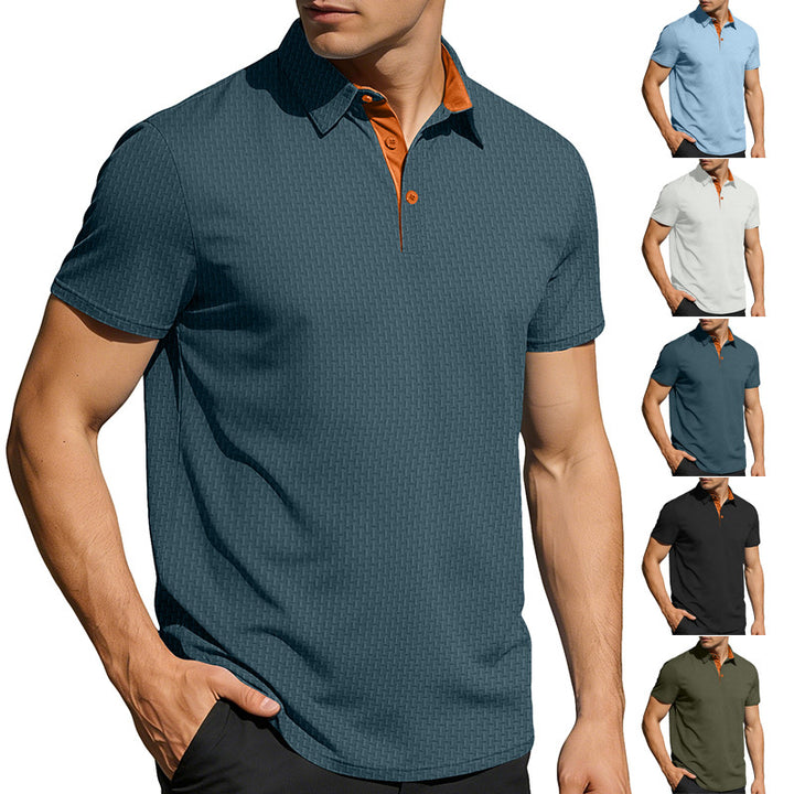 Men's finely textured polo shirt with shirt collar, contrast inner placket, and side slits StylebySassy
