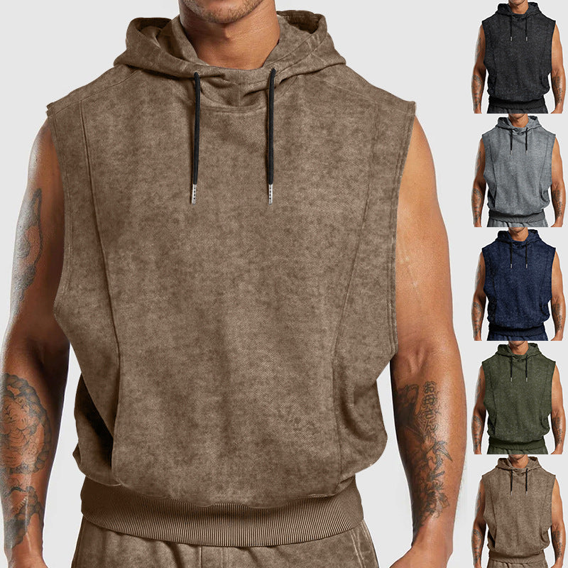 Men's sleeveless hoodie in stone-wash look with deep armholes and ribbed hem StylebySassy