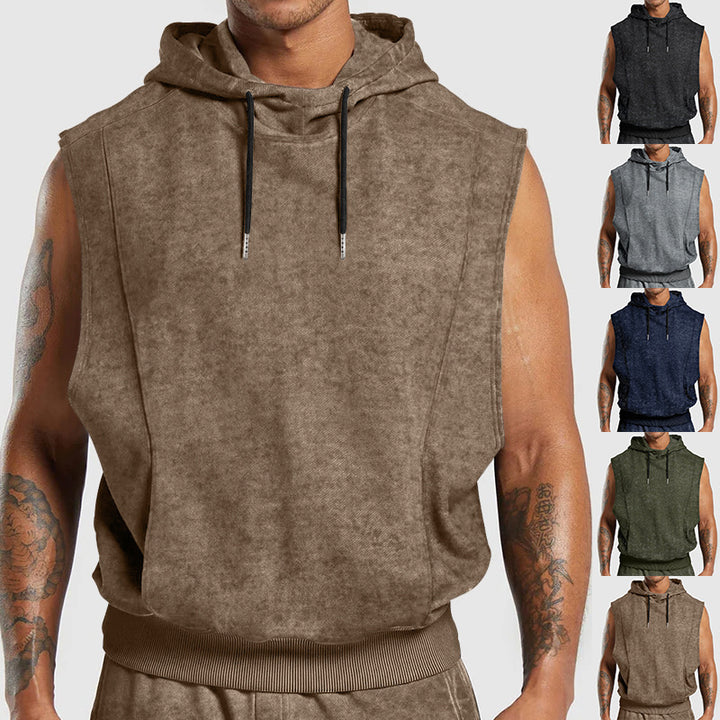 Men's sleeveless hoodie in stone-wash look with deep armholes and ribbed hem StylebySassy