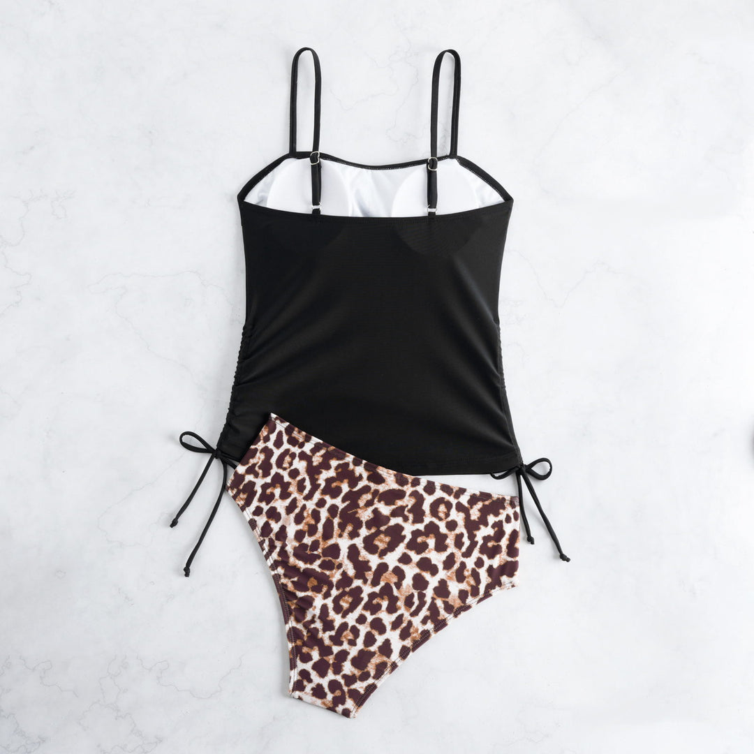 Women's tankini with fashionable gathering elements and trendy animal print pants StylebySassy