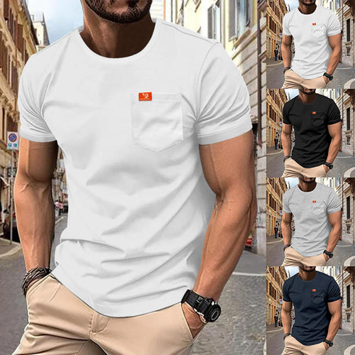 Men's single jersey short-sleeve shirt with patch chest pocket, reinforced seams, and round neckline StylebySassy