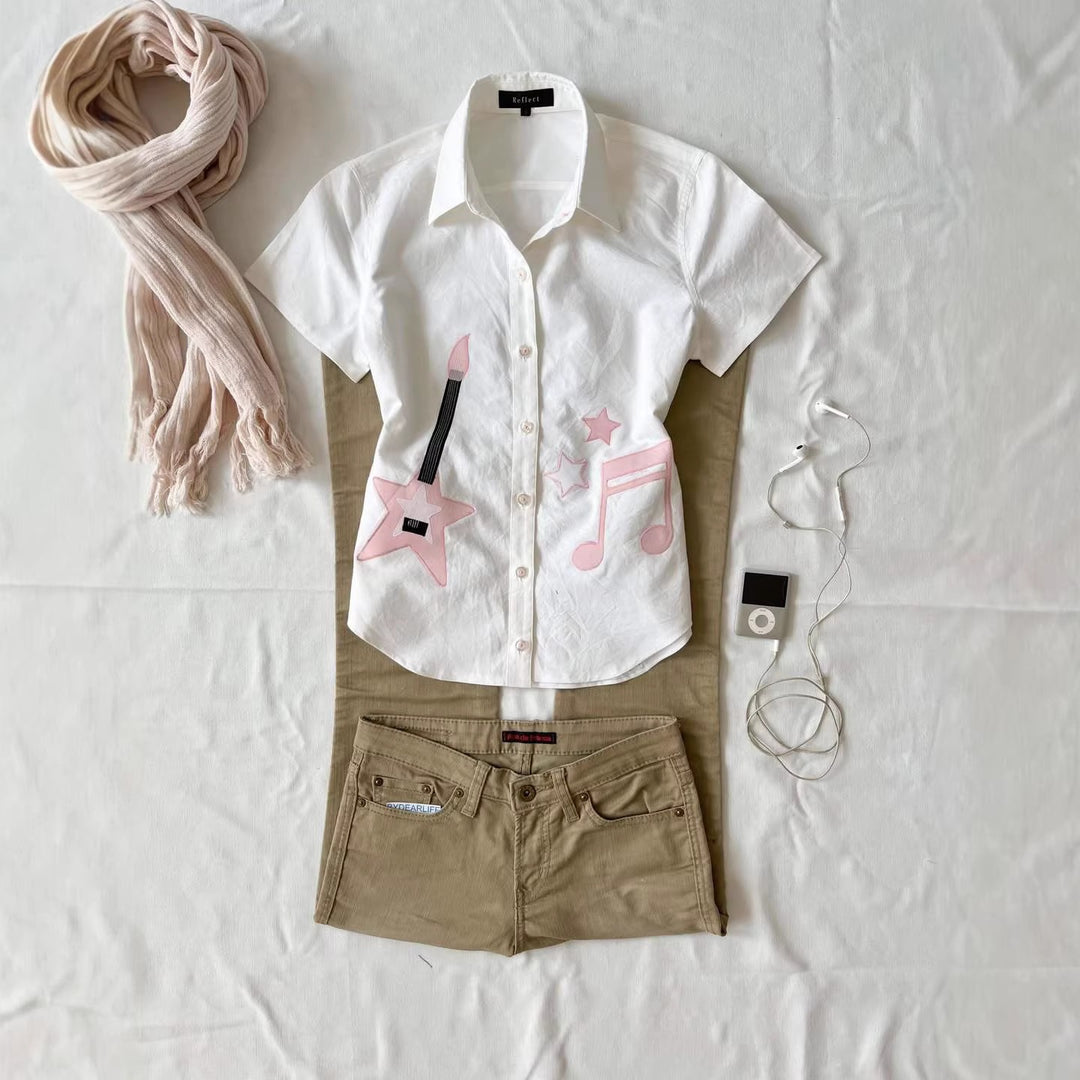 Ladies short sleeve shirt with musical motifs StylebySassy