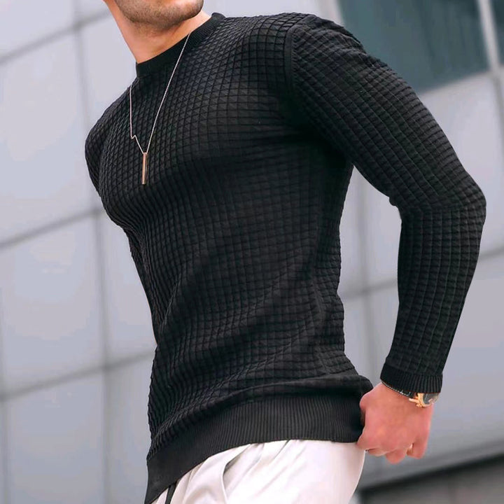 Men's fitted waffle round neck sweater made of fine knit with ribbed cuffs StylebySassy
