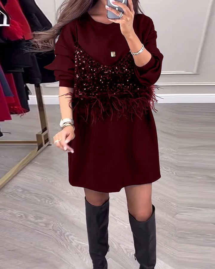 Women's Nan Sweatshirt Mini Dress with Sequin Front and Feather Trim StylebySassy