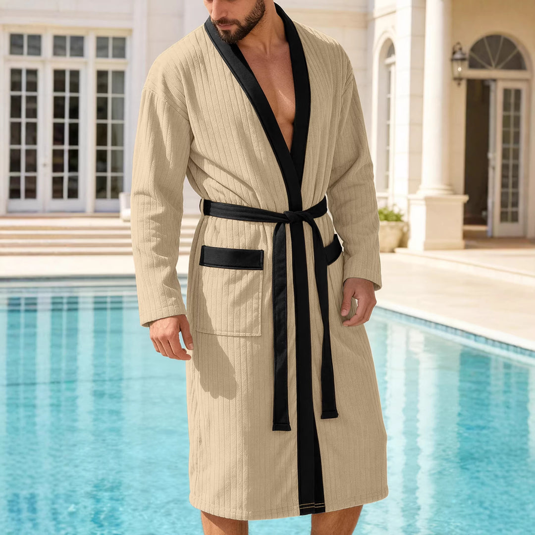 Men's knee-length ribbed kimono-style bathrobe with shawl collar and contrast piping StylebySassy