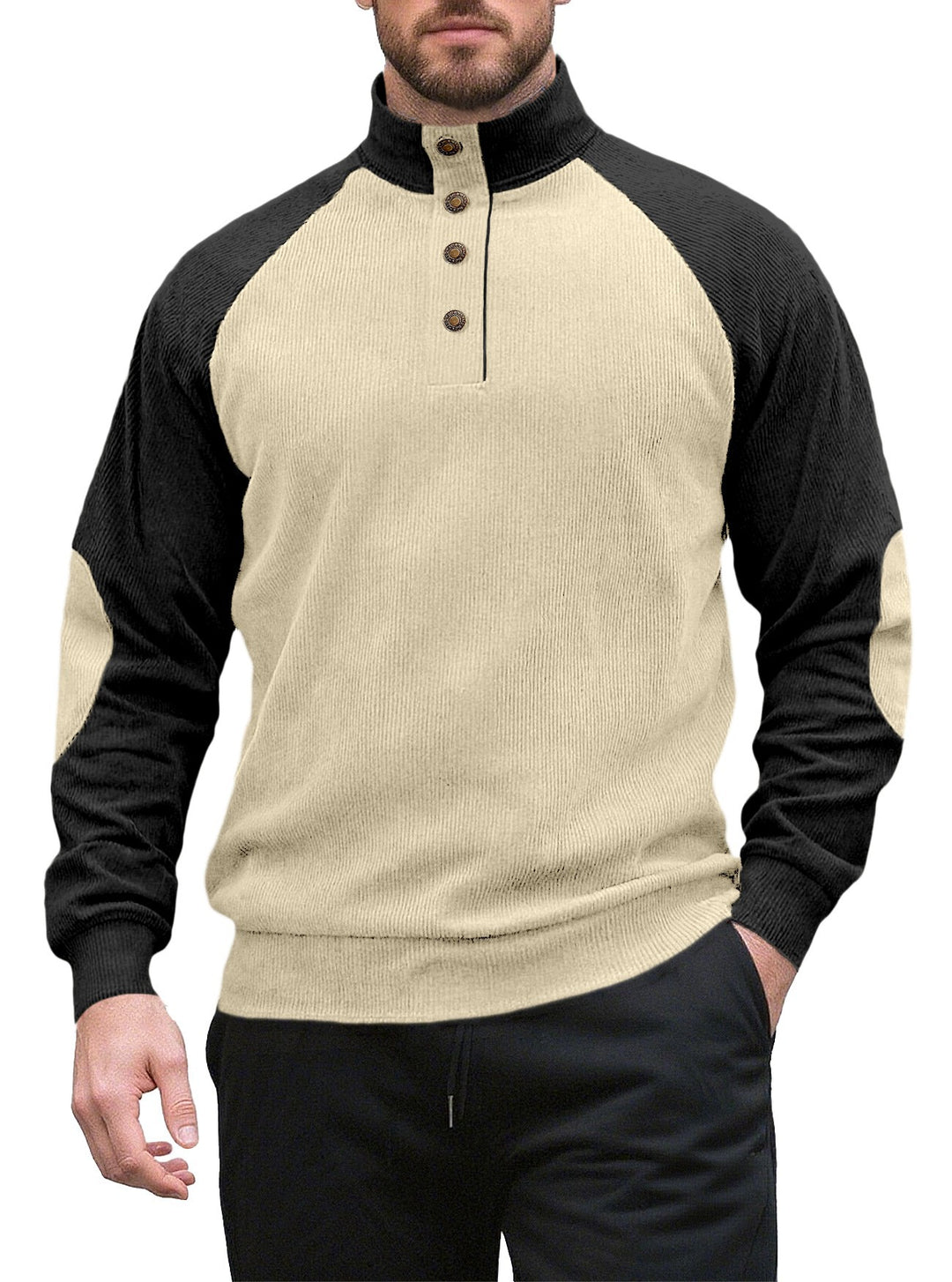 Men's two-tone ribbed troyer with asymmetrical button placket and velour elbow patches StylebySassy