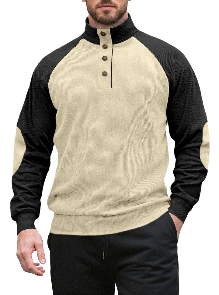 Men's two-tone ribbed troyer with asymmetrical button placket and velour elbow patches StylebySassy