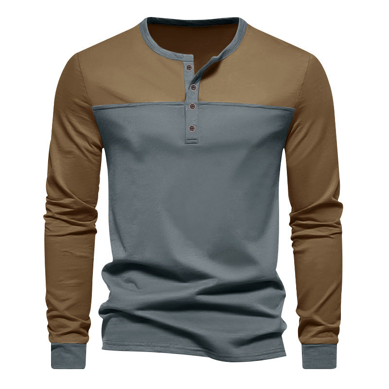 Men's two-tone long sleeve shirt in Henley style with shoulder yoke, short button placket and ribbed cuffs StylebySassy