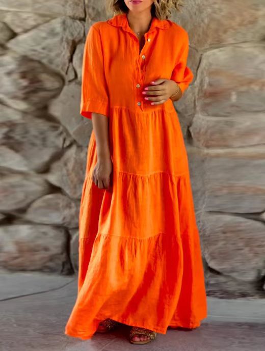 Women's summer linen blend tiered maxi dress with shirt collar, gathered waist and elbow-length sleeves StylebySassy