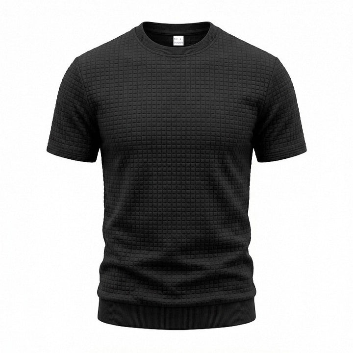 Men's short-sleeved knit shirt with embossed check structure, round neckline, and ribbed hem StylebySassy