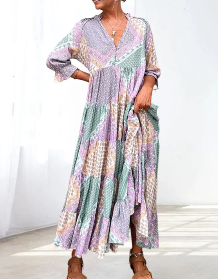 Women's nan Patchwork tiered maxi dress with V-neck, partial button placket, gathered yoke and side pockets StylebySassy