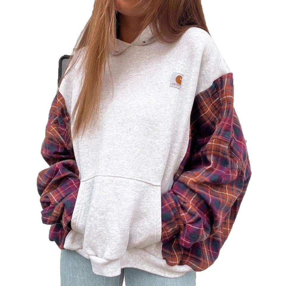 Women's oversized hoodie with checkered flannel sleeves and kangaroo pocket StylebySassy