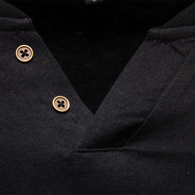 Men's tailored long sleeve shirt in Henley style with short V-neck, decorative buttons, and chest pocket StylebySassy