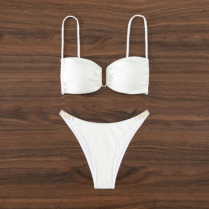 Ladies Bikini Set with refined ruffles and golden accents StylebySassy