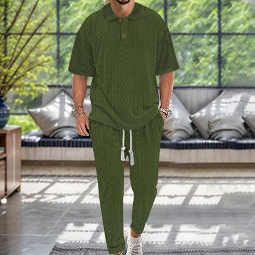 Men's jacquard loungewear set with polo collar, drawstring waistband, and tapered joggers StylebySassy