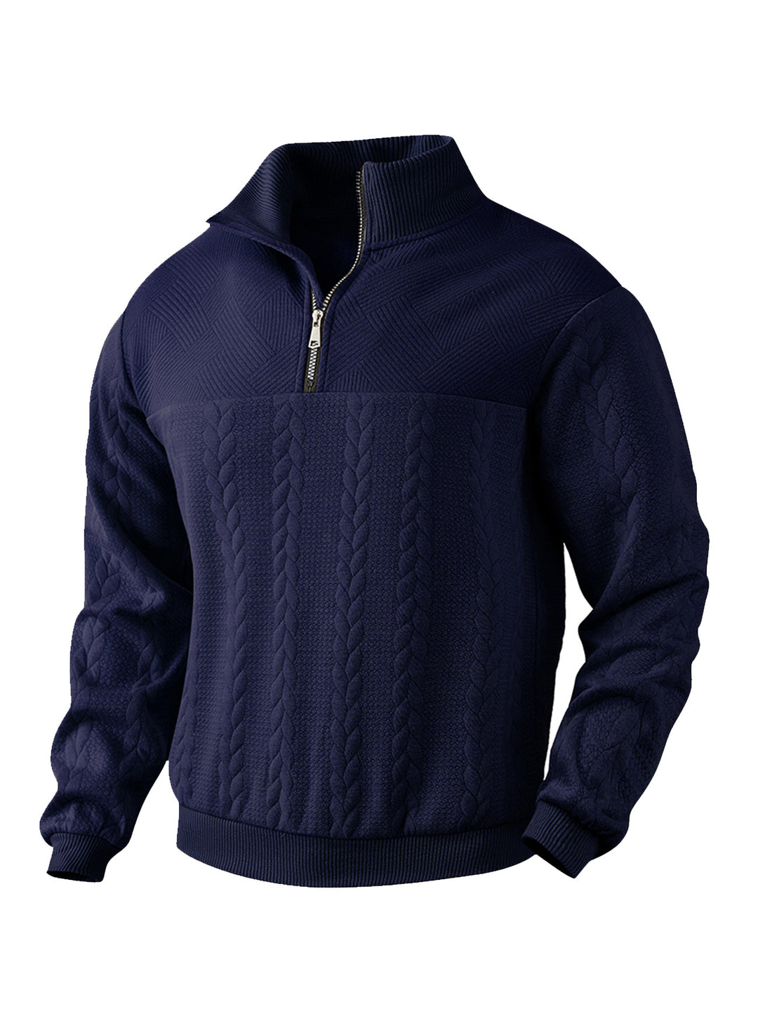 Men's textured knit sweater with half zip, braided cable pattern, and high stand-up collar StylebySassy