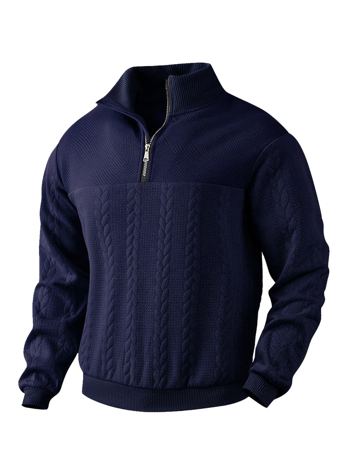 Men's textured knit sweater with half zip, braided cable pattern, and high stand-up collar StylebySassy