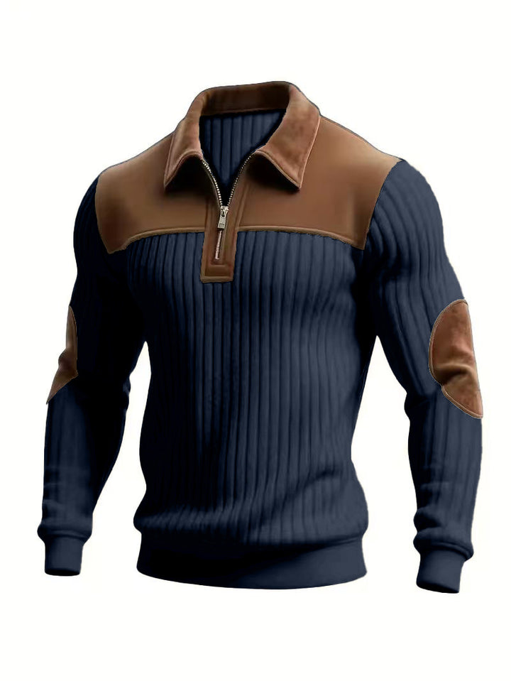 Men's ribbed half-zip pullover with contrasting leather appliqués on shoulders and elbows StylebySassy
