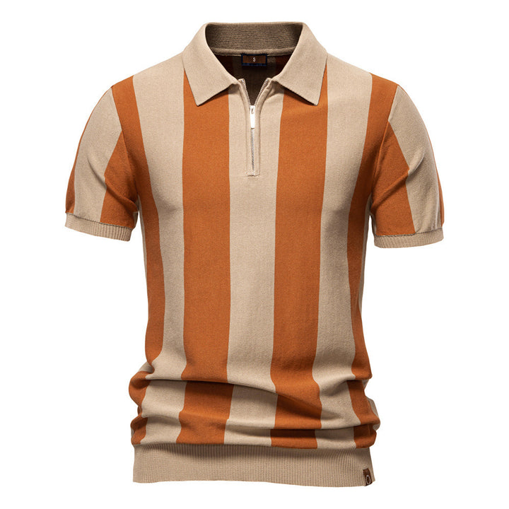 Men's short-sleeved fine knit half-zip polo with distinctive block stripes and Kent collar StylebySassy