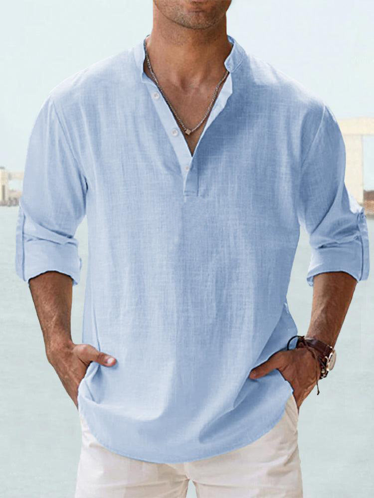 Men's nan casual linen henley shirt with stand-up collar, roll-up sleeves, and rounded hem StylebySassy
