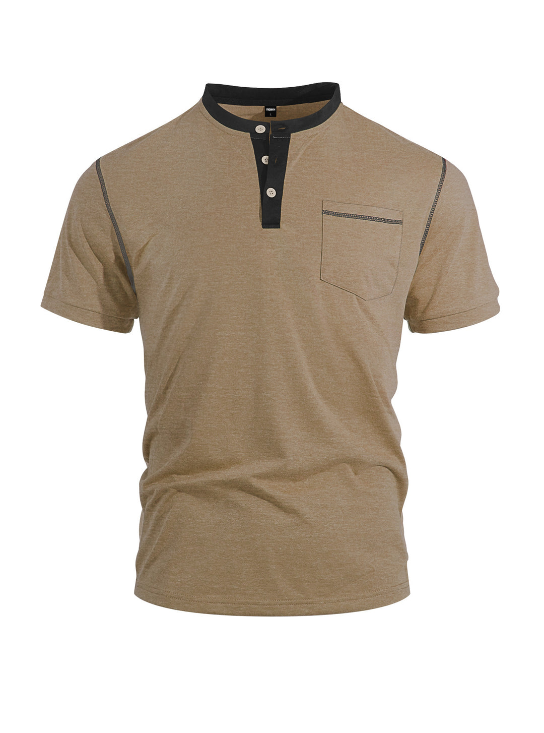 Men's short-sleeve band collar shirt with button placket, chest pocket, and flatlock seams StylebySassy