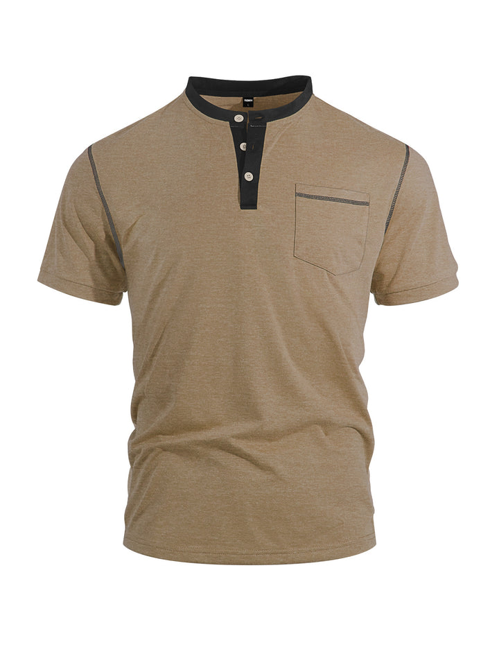 Men's short-sleeve band collar shirt with button placket, chest pocket, and flatlock seams StylebySassy