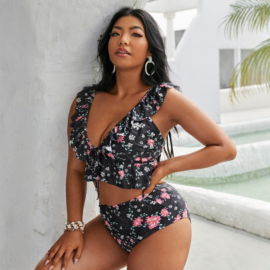 Women High-Waisted Bikini Set with Playful Ruffle Design StylebySassy