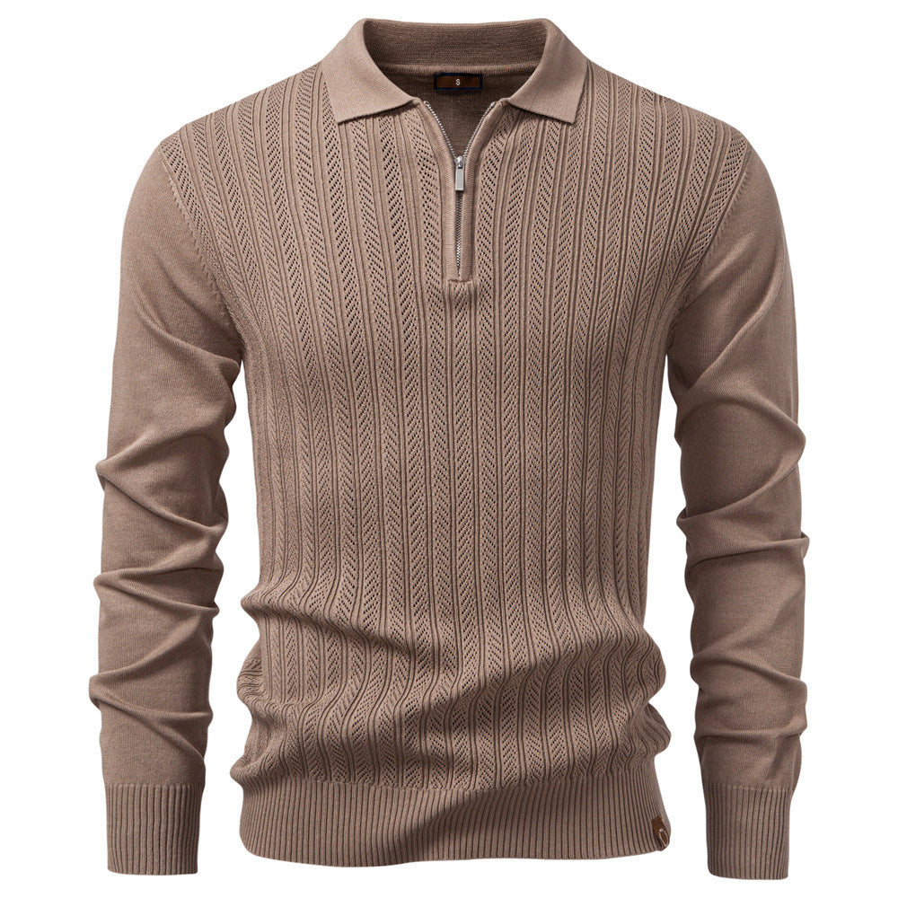 Men's knitted ajour sweater with short zipper and polo collar StylebySassy