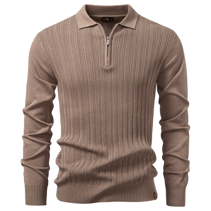 Men's knitted ajour sweater with short zipper and polo collar StylebySassy