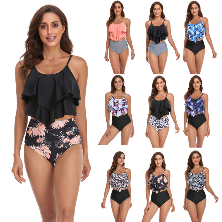 Women's tankini set with flowing ruffle design and figure-hugging bikini bottom StylebySassy