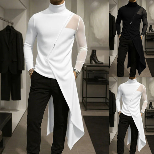 Ladies avant-garde long shirt with diagonal zipper, stand-up collar and irregular pointed hem StylebySassy