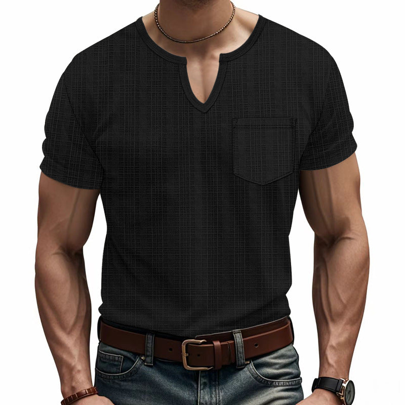 Men's short-sleeve shirt with V-slit neckline and patch chest pocket made of textured jersey StylebySassy