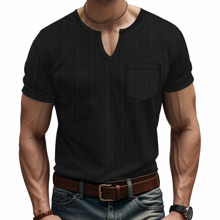 Men's short-sleeve shirt with V-slit neckline and patch chest pocket made of textured jersey StylebySassy